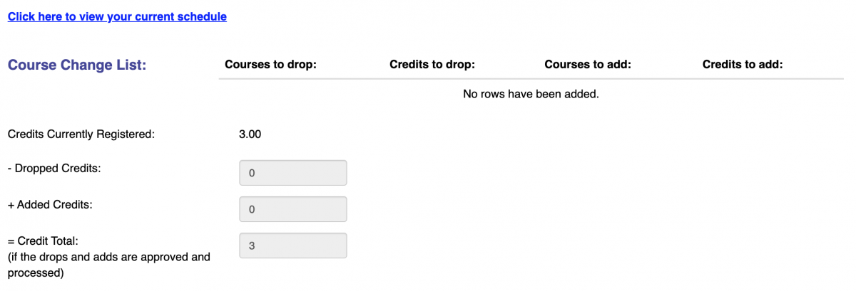 Screenshot of the top of the Add/Drop Form