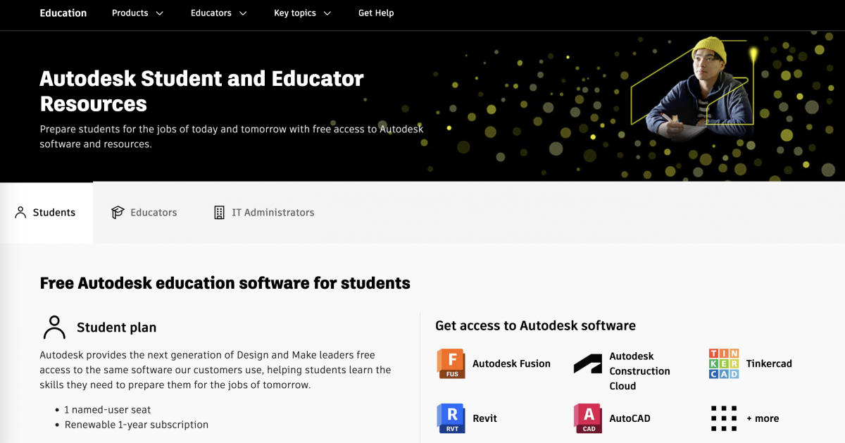 An image showing the homepage for the Autodesk Education page.