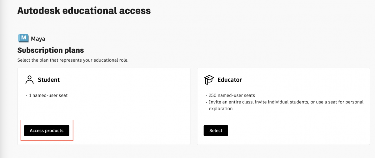 An image showing the choice of two license types, a Student or Institutional Maya License.
