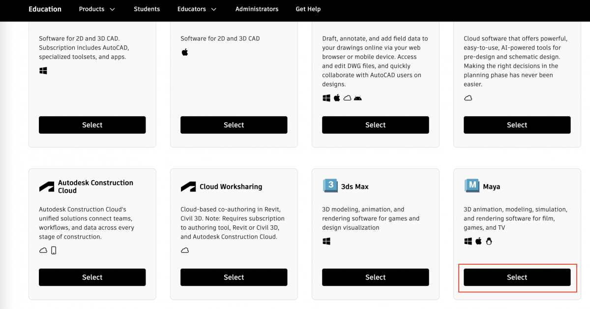 An image of various Autodesk products, with a red bounding box highlighting the Maya software.