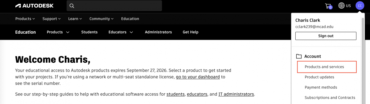 An image of the Autodesk website with the profile tab open showing the Products and Services option.