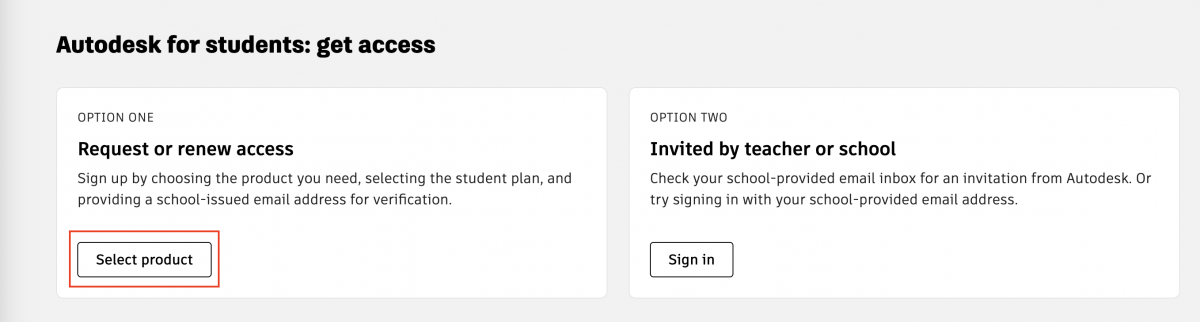 An image showing the section of the Autodesk Educational page where you can choose how to redeem your student access.