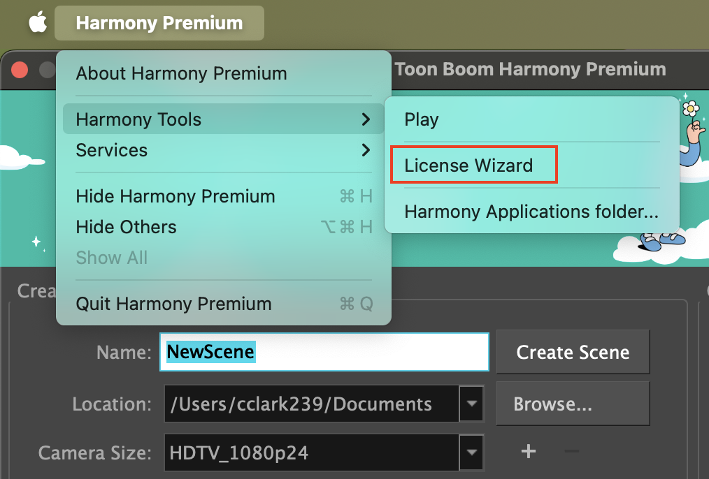 Mac Menu that shows the path directory to the Toon Boom Harmony License Wizard
