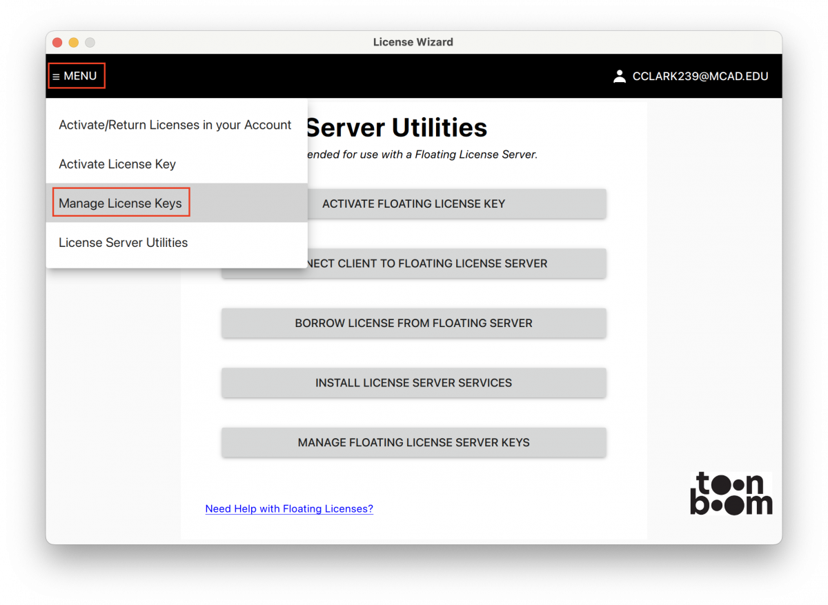 An Image of the Toon Boom License Wizard with the submenus expanded to show location of the Manage Local Licenses option.