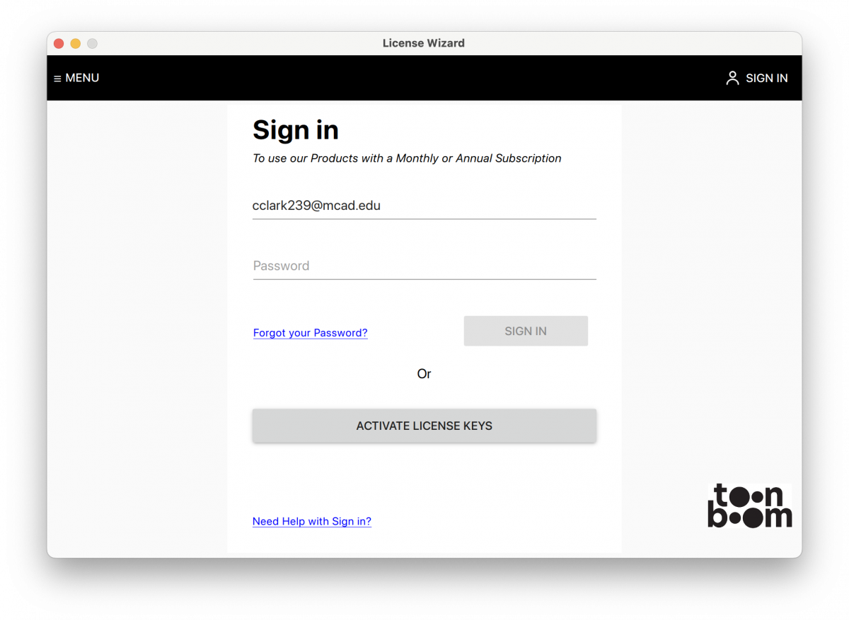 Toon Boom Harmony License Wizard Sign In Window