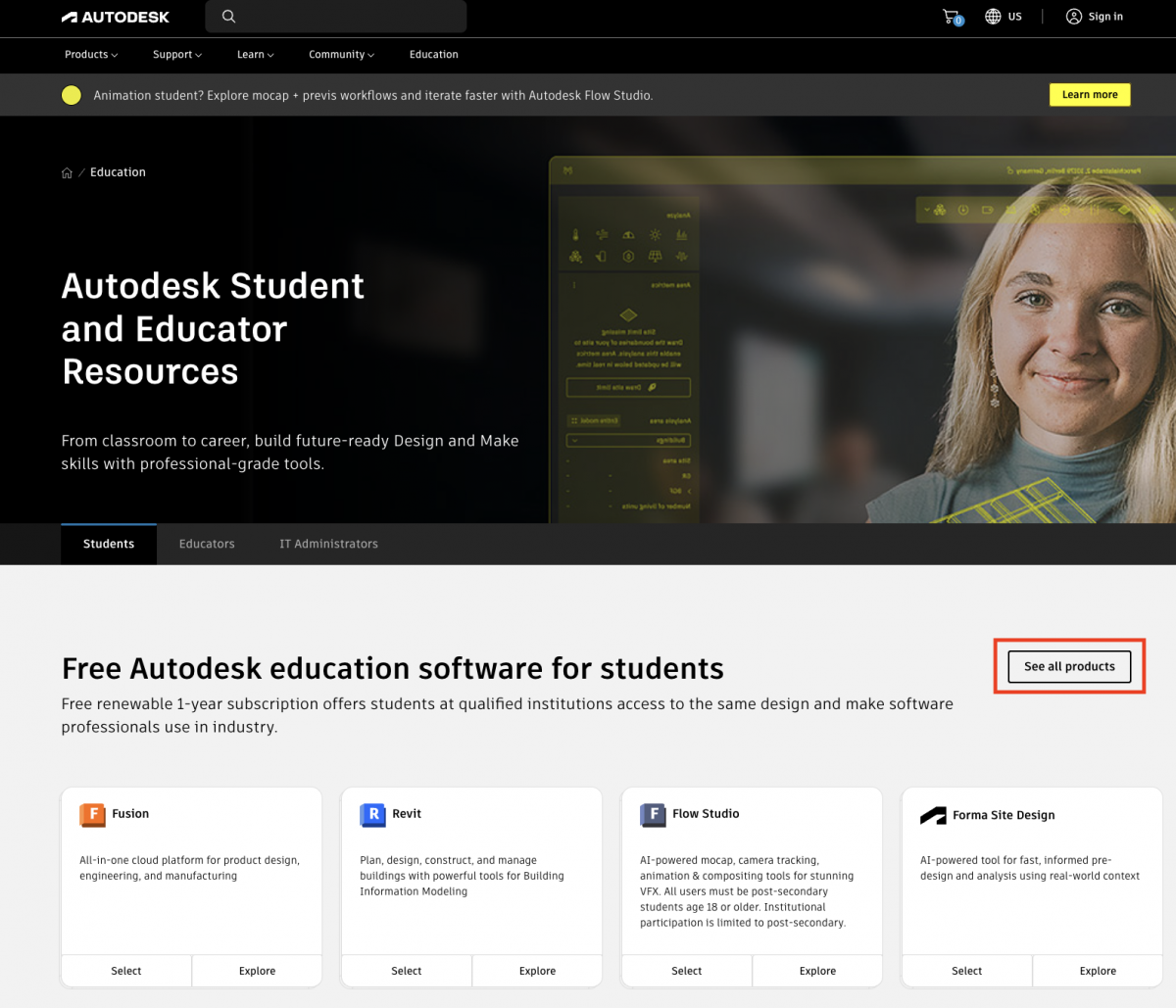 The Autodesk education homepage, with a red bounding box around the "see all products" button