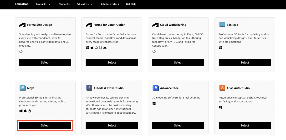 The Autodesk educational products page. There is a red bounding box around the select button under the software Maya.