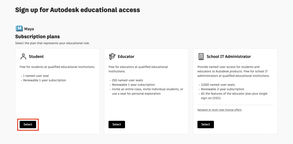 An image showing the choice of three license types on the Autodesk website, a Student, Educator, or Student IT Administrator.
