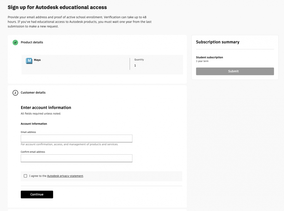 The Autodesk Education Verification form. The first step that is requesting your email is open.