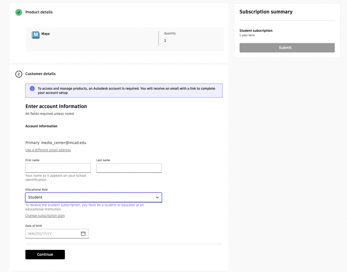 The Autodesk Education Verification form continued. Step one is open requesting your name, role, and birthday.