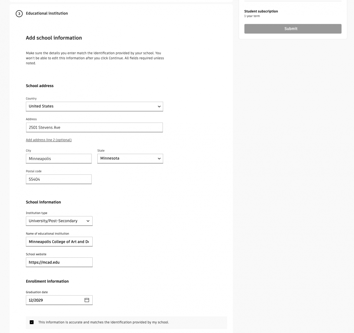 The Autodesk Education Verification form continued. Step two is open, and is requesting information about your educational institution.