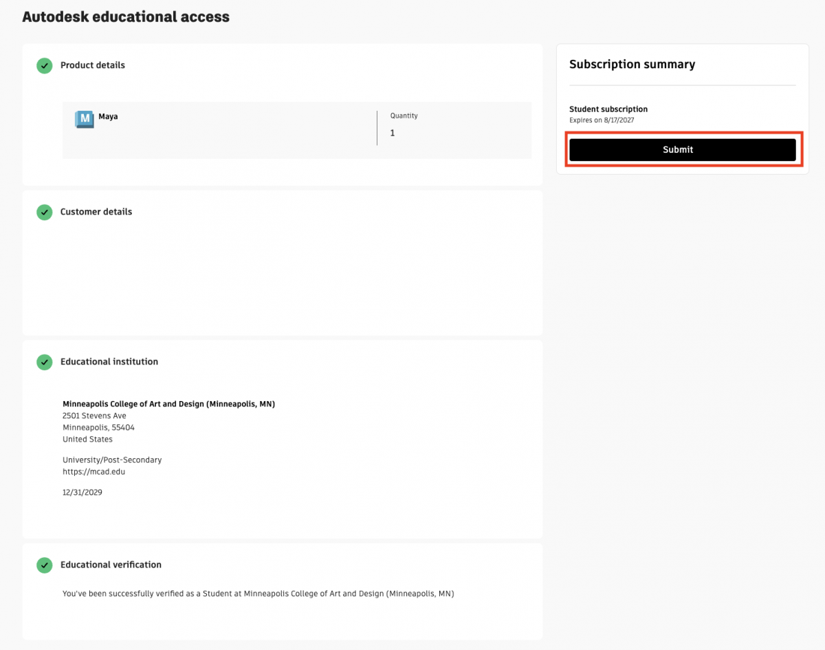 The Autodesk Education Verification form continued. All steps have been completed. There is a red bounding box around the "submit" button.
