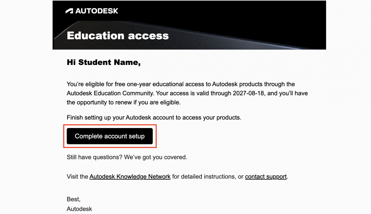 An email from Autodesk requesting account finalizing. There is a red bounding box around "Complete account setup"