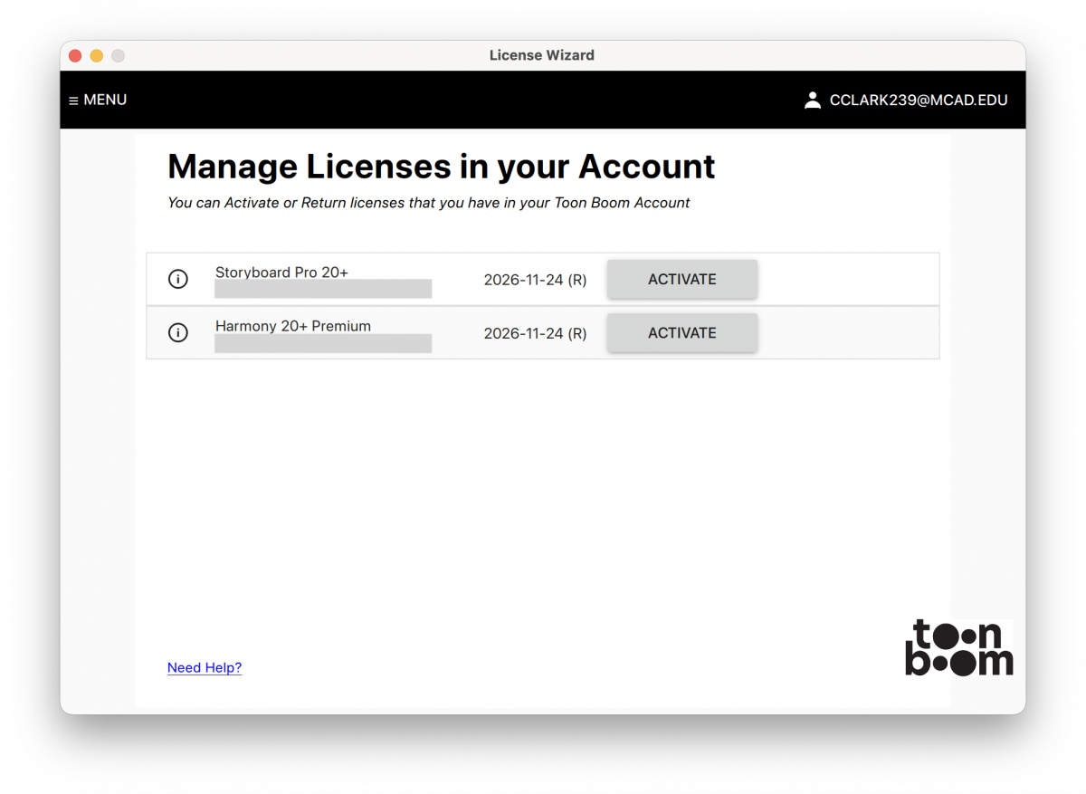 The Toon Boom License Wizard window displaying two licenses. One for Harmony Premium, and one with Storyboard Pro. Both licenses have buttons next to them with the word "activate" on them.