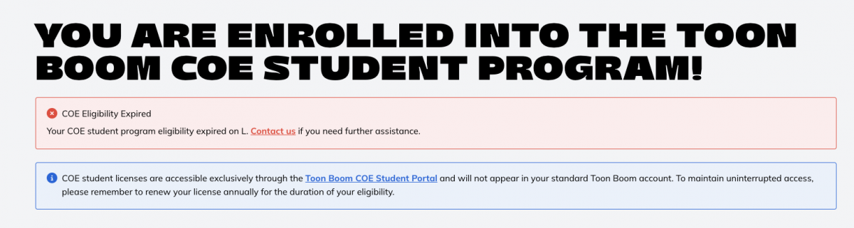 Toon Boom Centre of Excellence Download Page Banners that indicates expired access