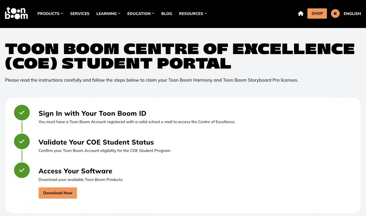 Toon Boom Centre of Excellence sign in page with a download software clickable link