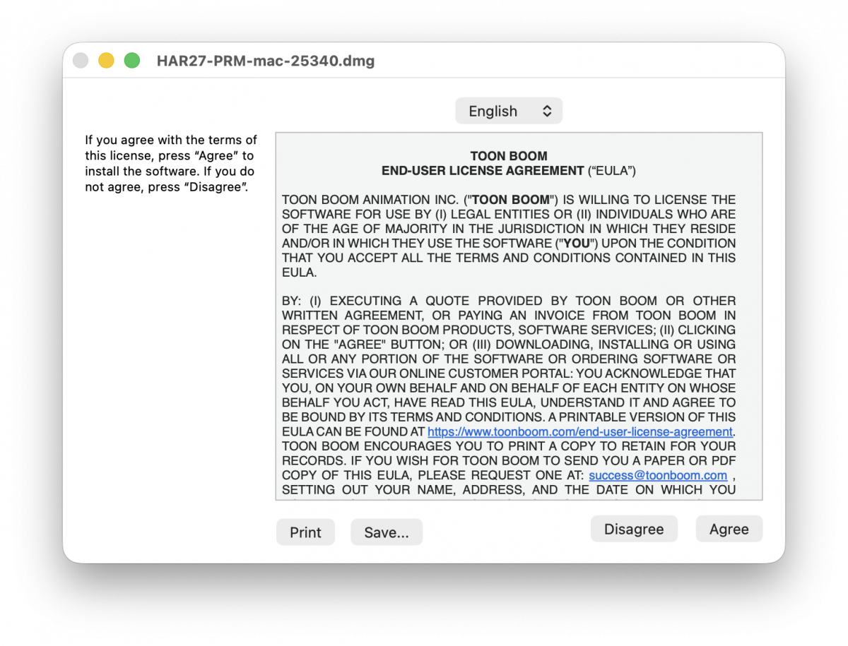 A DMG install window for Toon Boom Harmony 27 with the terms and agreements page open.