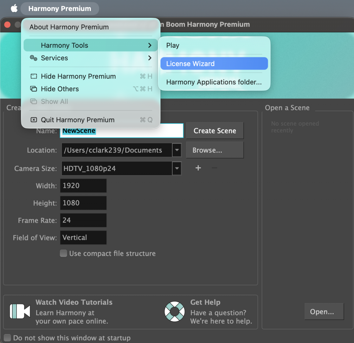 Mac Menu that shows the path directory to the Toon Boom Harmony License Wizard