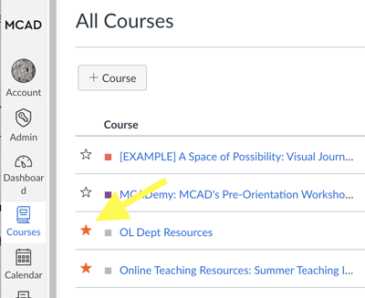 list of courses with colored stars