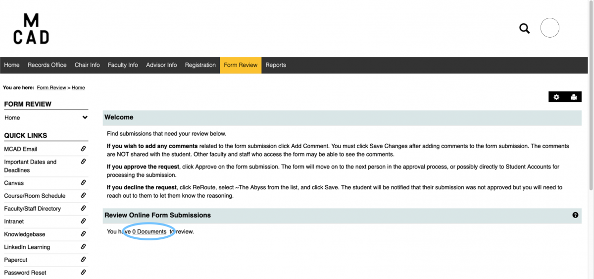 Screenshot of the Form Review page