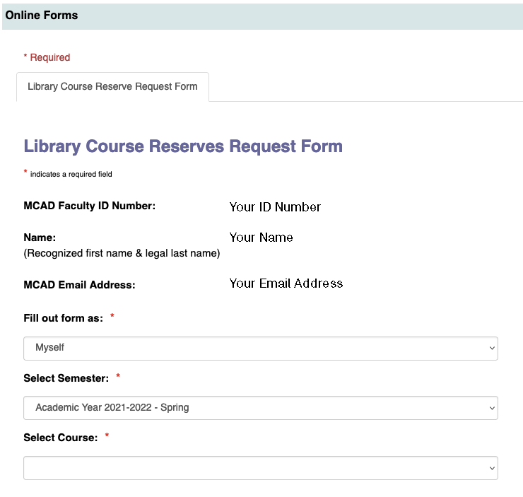 Library Course Reserve Request form first section