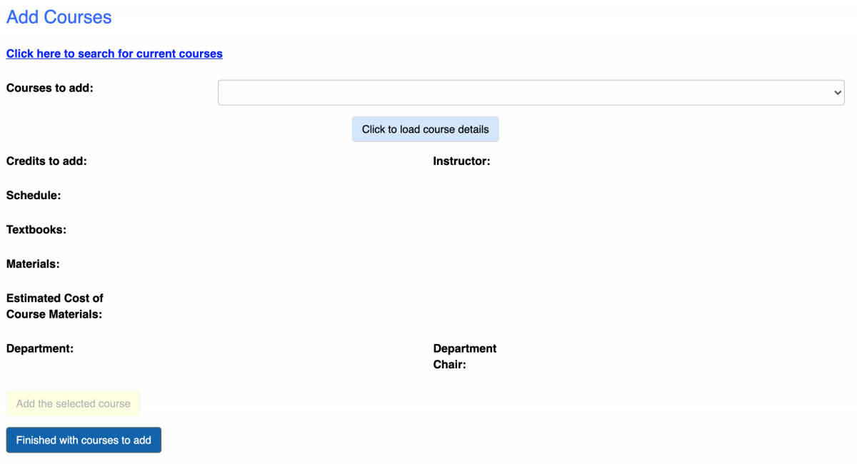 Screenshot of the Add Courses section of the Add/Drop Form