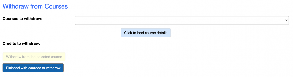 Screenshot of the Withdraw from Courses section of the Course Withdrawal Form